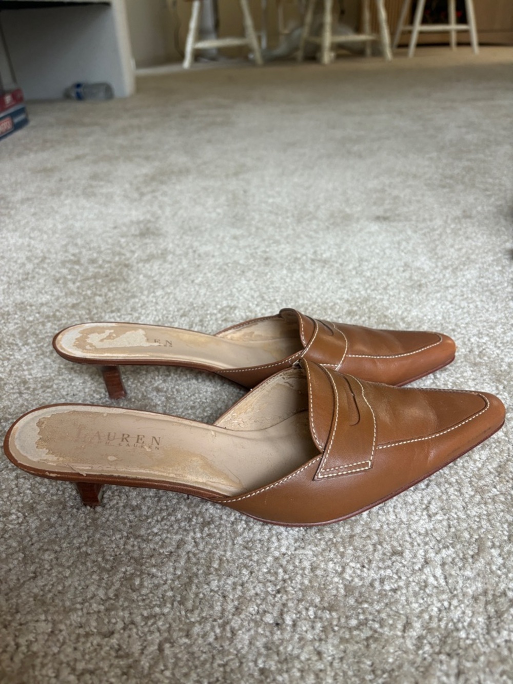 Ralph Lauren Genuine Brown Leather Danielle Pointed-Toe Mule Loafers